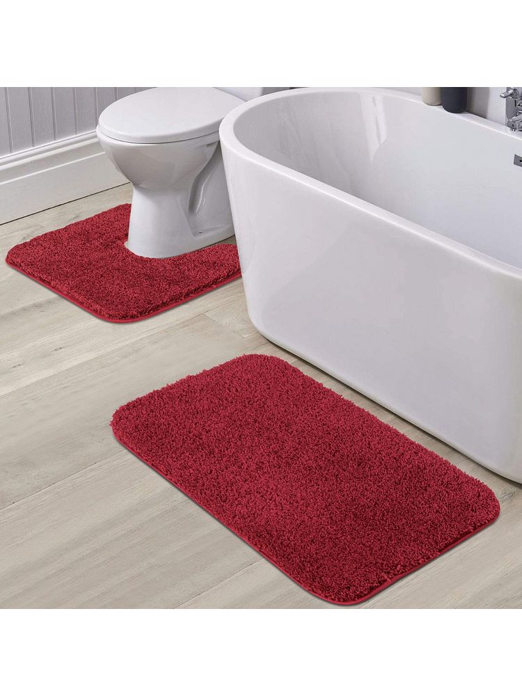 OBSESSIONS Anti-Skid Polyester Bath Mat and Contour Mat, Burgundy (Set of 2)-picture-15