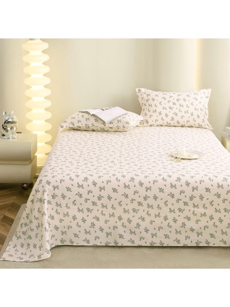 Story@Home Cotton Flat 300 Tc Floral Bedsheet with 2 Pillow Covers White & Dark Green (King)