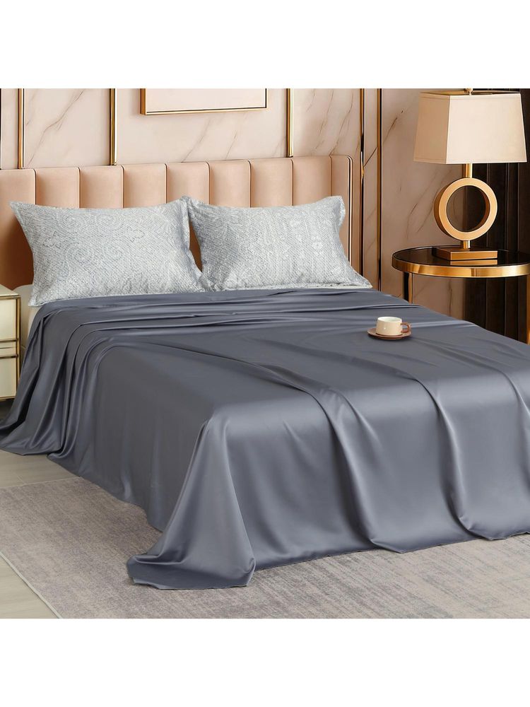 Story@Home Tencel Flat 400 Tc Bedsheet with 2 Pillow Covers Greyish Blue (King)-image-34