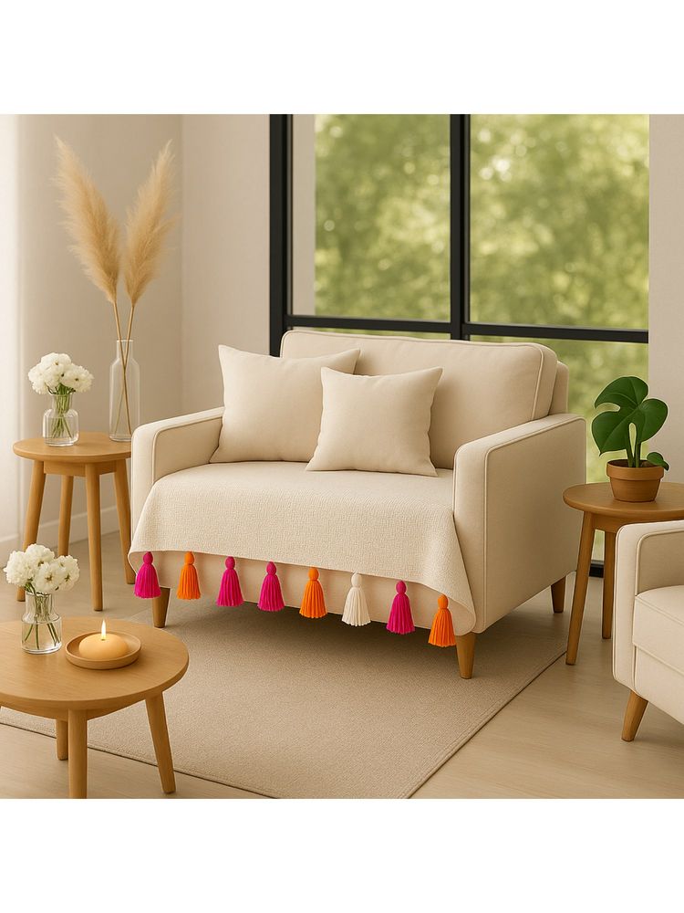 THROW PILLOW Neutral with Offwhite, Magenta and Orange Tassels Sofa Cover 65X65 Cm-image-32