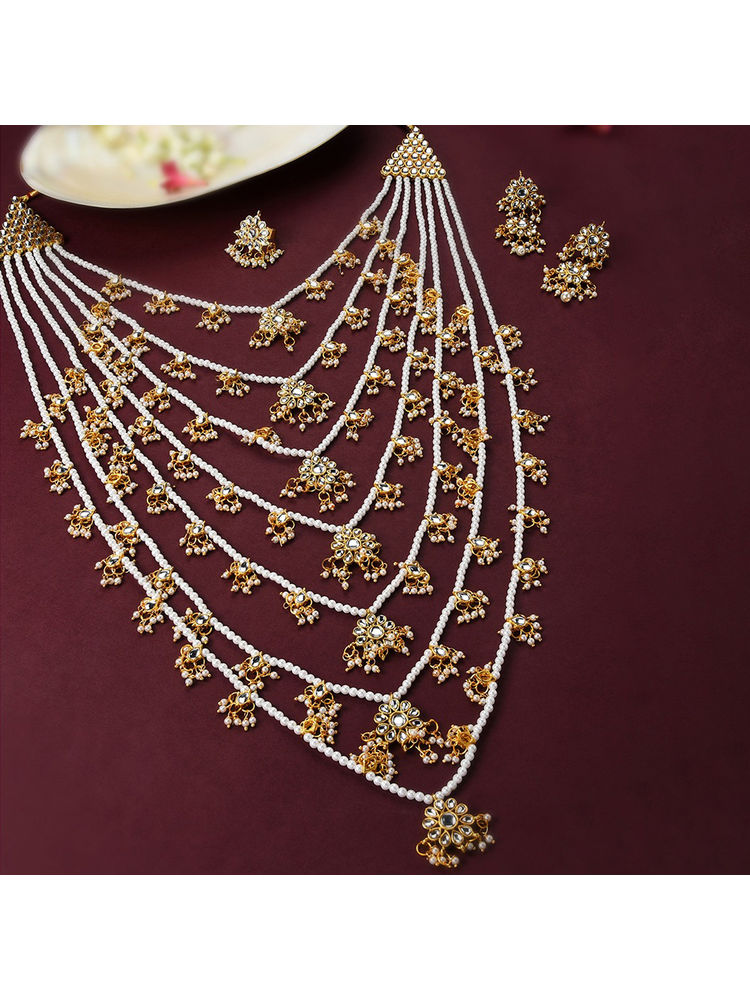 Zaveri Pearls Gold Tone Layered Kundan & Pearls Bridal Long Necklace Earring & Ring Set-ZPFK10817-picture-14