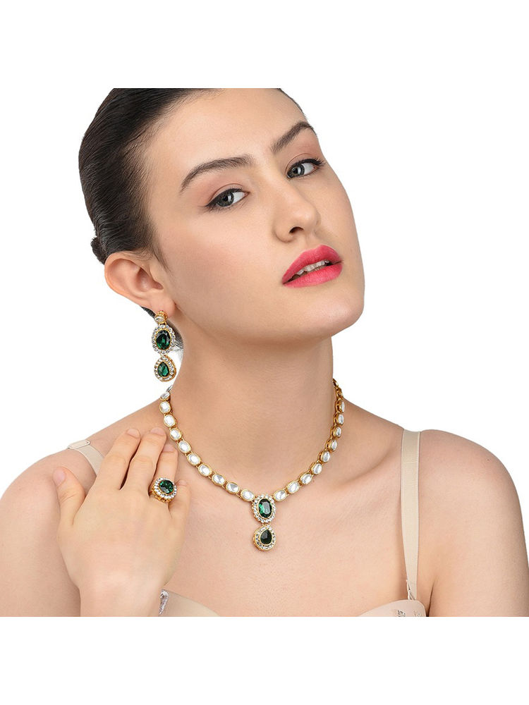 Zaveri Pearls Green Ethnic Kundan Necklace Earring & Ring Set-ZPFK10849-picture-18