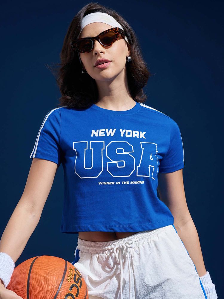 TOKYO TALKIES Women Blue Round Neck Fitted Crop T-Shirt-picture-13