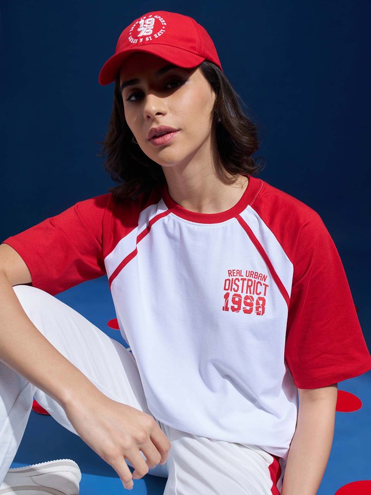 TOKYO TALKIES Women White Red Colorblock Raglan Sleeve Graphic T-Shirt-picture-27
