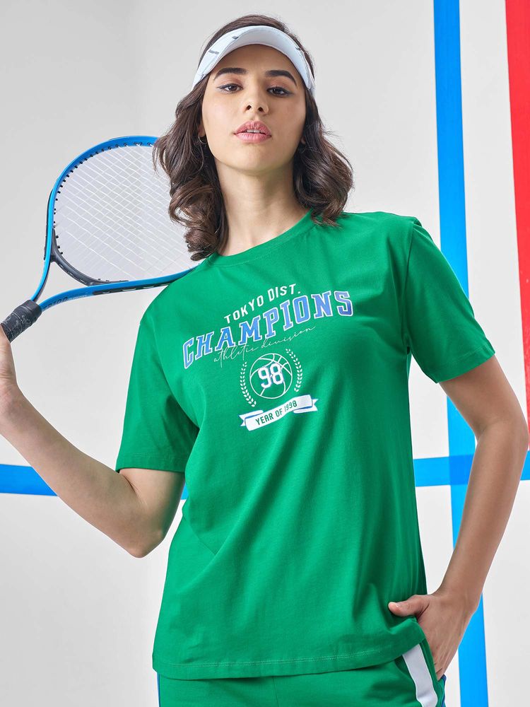 TOKYO TALKIES Women Green Round Neck Varsity Printed T-Shirt-picture-11