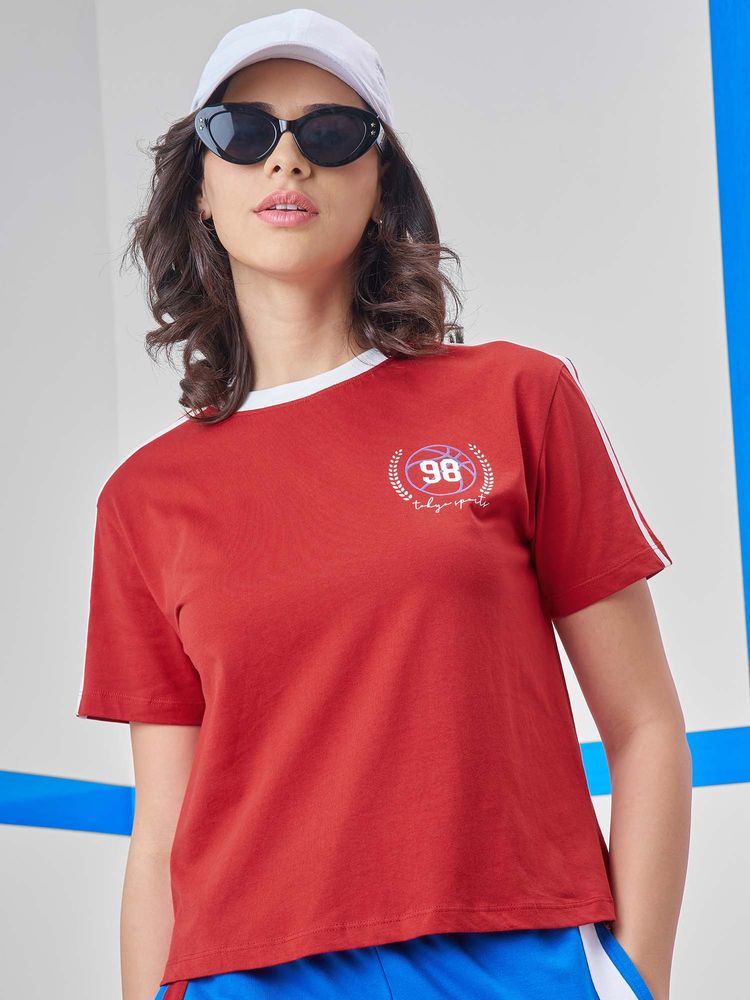 TOKYO TALKIES Women Red Round Neck Printed Oversized T-Shirt-picture-13