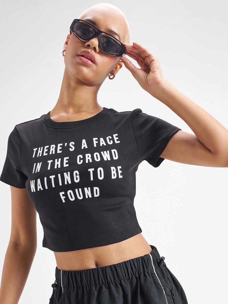TOKYO TALKIES Women Black Typography Chest Printed Rib Crop T-Shirt-picture-24