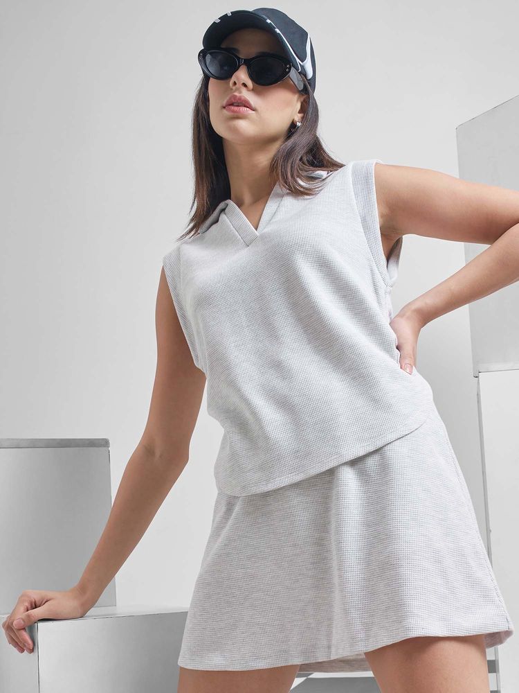 TOKYO TALKIES Women Grey Drop Shoulder Oversized Polo T-Shirt-image-6