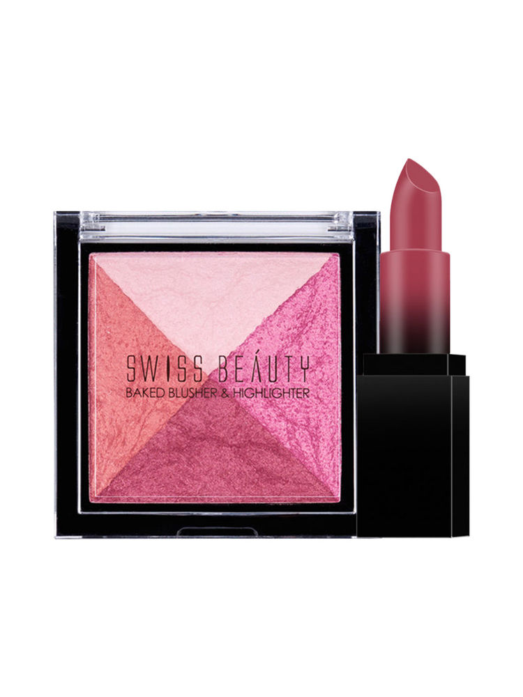 Swiss Beauty HD Matte Lipstick + Baked Blusher & Highlighter Combo