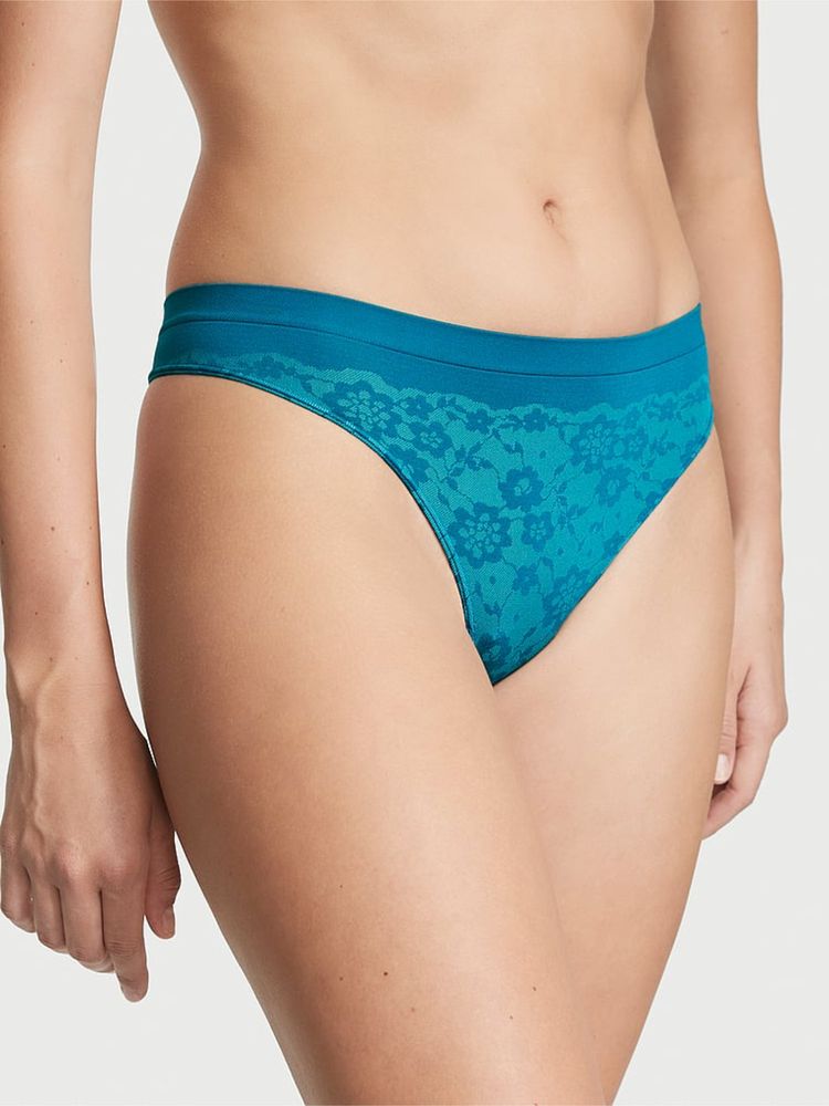 Victoria's Secret Seamless Posey Lace Thong Panty Blue-image-4