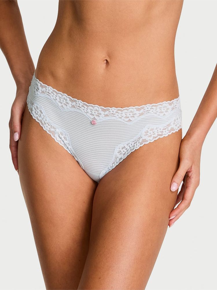 Victoria's Secret Lace Trim Cotton Shadow Stripe Lace-Waist Bikini Panty Blue-image-32