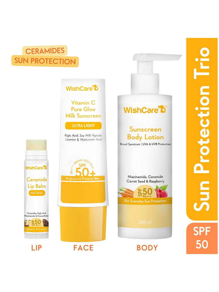 WishCare Sun Protection SPF50 + PA++++ Trio With Vitamin C, Kojic Acid & Ceramide - Face, Lip & Body-image-22