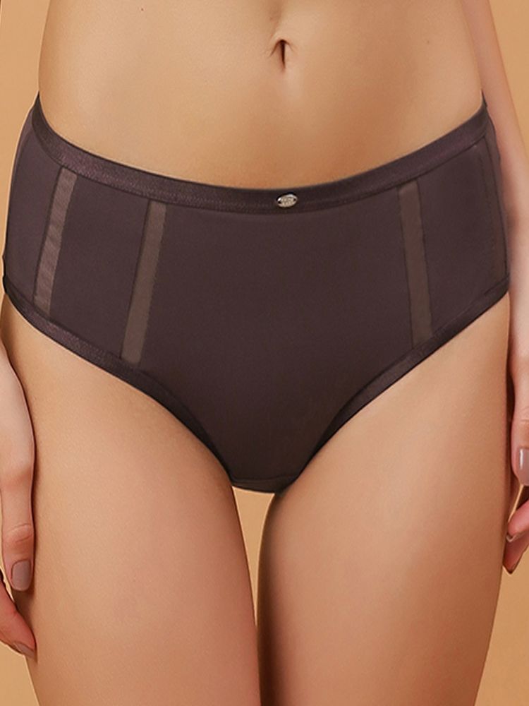SOIE Women High Waist Full Coverage Ultra Soft Mesh Panel Brief Brown-picture-14