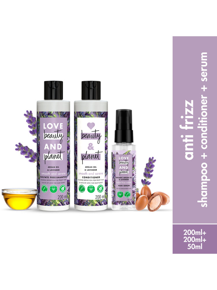 Love Beauty & Planet Argan Oil And Lavender Anti Frizz Shampoo, Conditioner & Hair Serum Combo