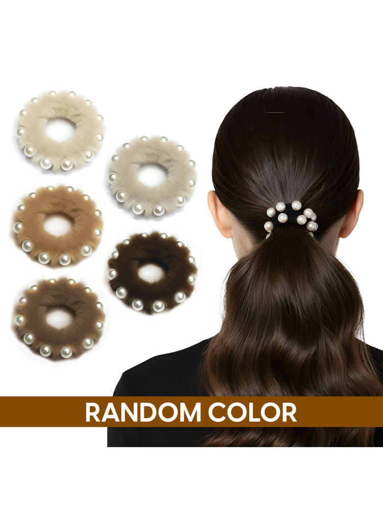 Matra Faux Fur & Pearls Scrunchie Hair Ties Fuzzy Rubber Bands-picture-11