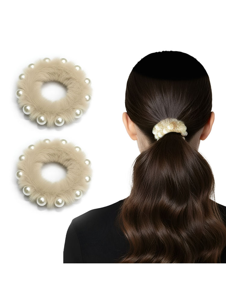Matra Faux Fur & Pearls Scrunchie Hair Ties Fuzzy Rubber Bands - Any Colour-picture-28