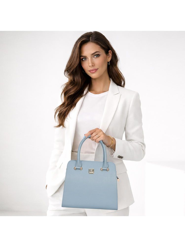 ESBEDA Blue Colour Structured Satchel Handbag with Detachable Strap (Medium)-image-30