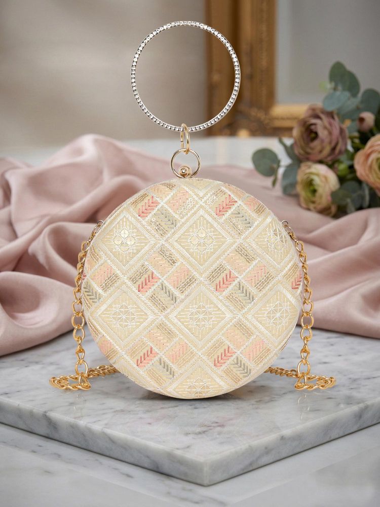 ESBEDA Beige Color Serene Glow Round Clutch with Detachable Chain (Small)-picture-26