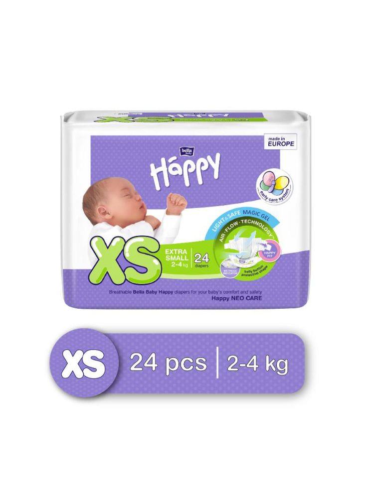 Bella Baby Happy Extra Small (XS) Diapers, 2-4 Kg, Breathable & Wetness Indicator (24Pcs)