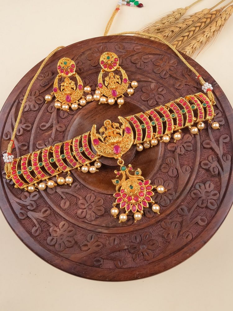STILEADDA Gold Plated Multicolour Goddess Choker with Earrings-picture-45