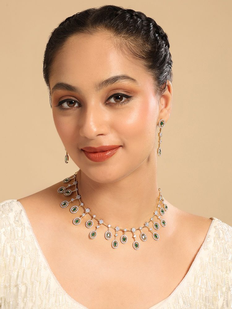 Nuyug American Diamond Twilight Green Drops Necklace and Earring-picture-43