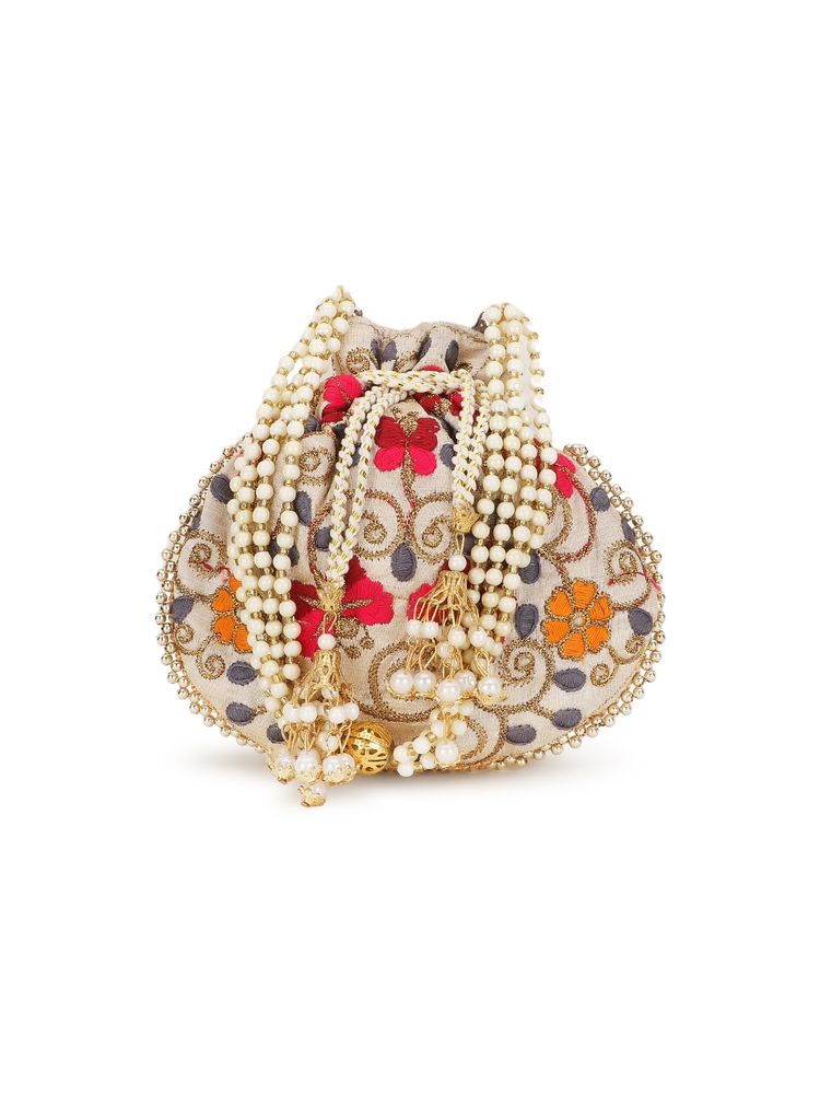 Anekaant Dangle Cream and Multi Floral Embroidered Faux Silk Potli