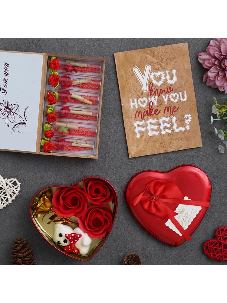 eCraftIndia Valentine Combo of Card, Red Heart Shaped Gift Box, Red Message Bottle Wooden Box Set-image-49