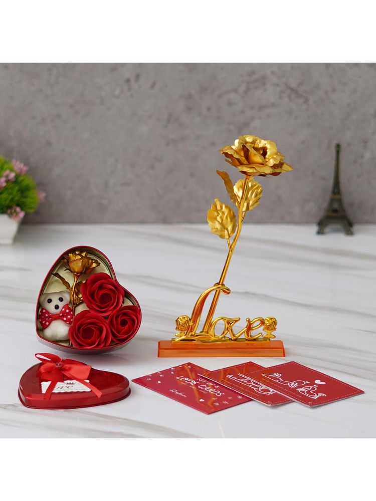 eCraftIndia Combo of Set of 8 Love Gift Cards, Love Golden Rose Showpiece, Red Heart Shape Gift Box-picture-32