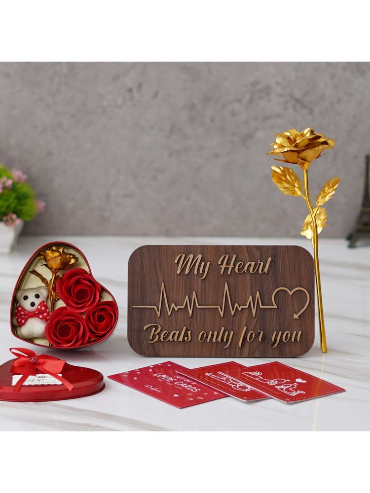 eCraftIndia Combo of Set of 8 Love Gift Cards, Golden Rose, Brown Showpiece, Heart Shape Gift Box-image-42