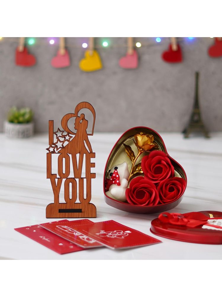 eCraftIndia Combo of Set of 8 Gift Cards, "Love You" Showpiece With Stand, Red Heart Shape Gift Box-image-49