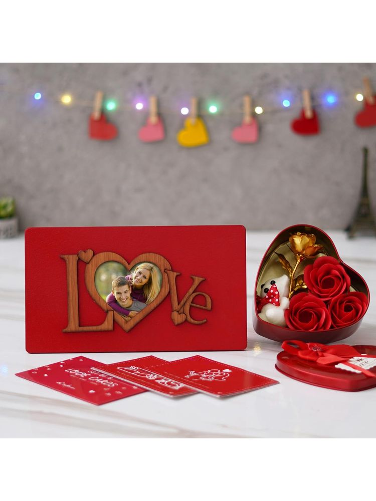 eCraftIndia Combo of Set of 8 Gift Cards, "Love" Photo Frame with Stand, Red Heart Shape Gift Box-image-8