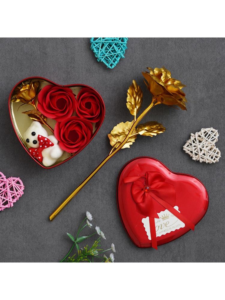 eCraftIndia Valentine Combo of Golden Rose Gift Set, Red Heart Shaped Gift Box-image-44