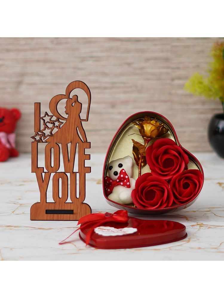 eCraftIndia Valentine Combo of "Love You" Wooden Showpiece With Stand, Red Heart Shaped Gift Box-image-48