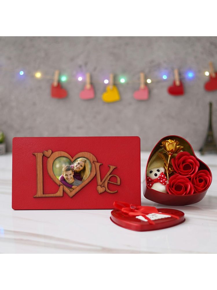 eCraftIndia Valentine Combo of "Love" Wooden Photo Frame With Red Stand, Red Heart Shaped Gift Box-picture-17