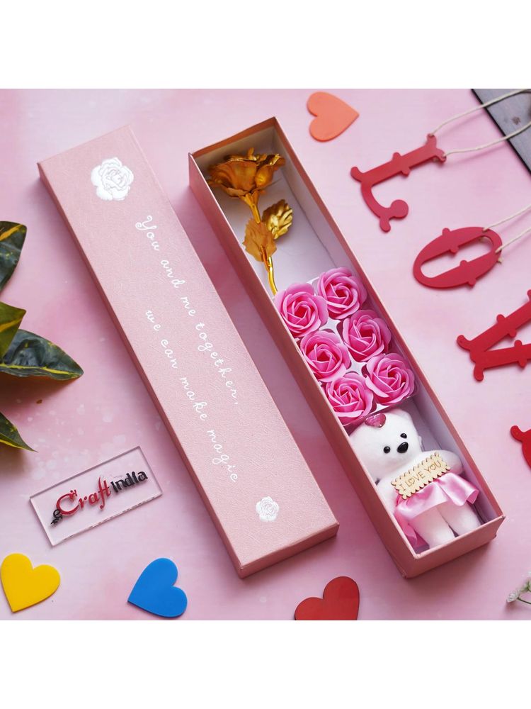 eCraftIndia Golden Rose, 6 Pink Rose Flowers, Cute Teddy Bear Gift Box for Valentine's Day-picture-22