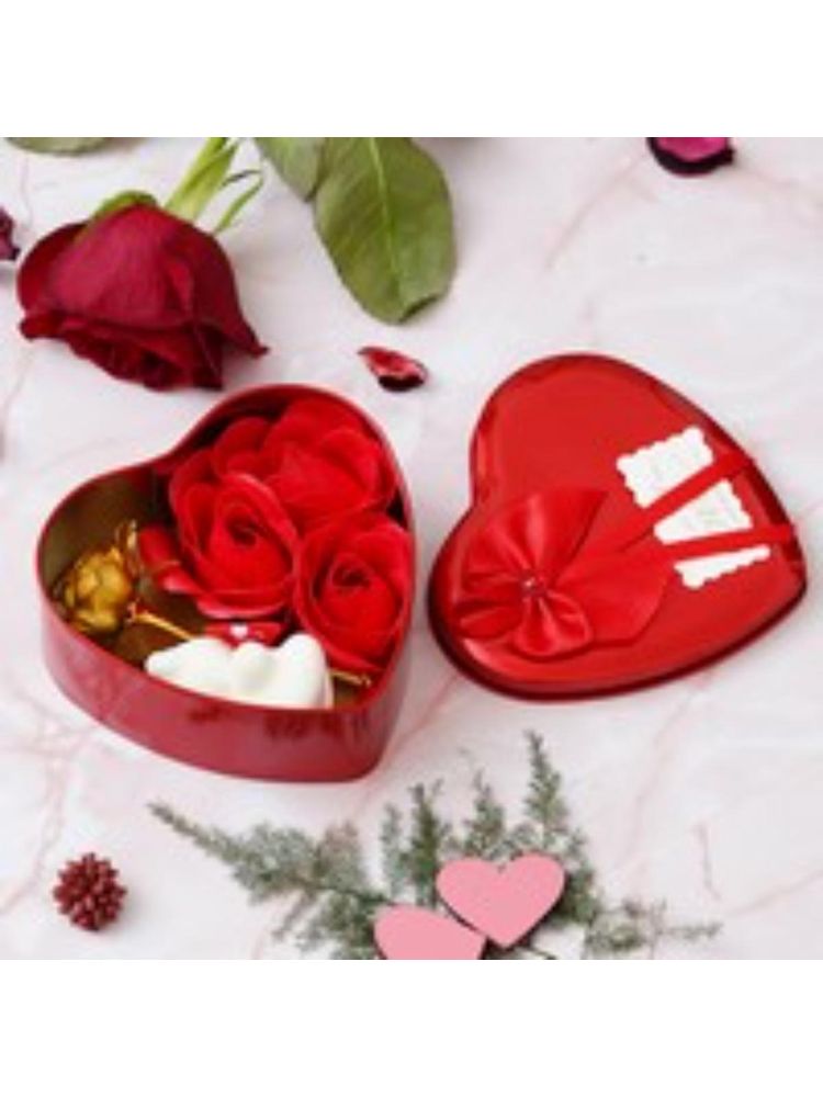 eCraftIndia Red Heart Shaped Gift Box with Golden Rose, Red Roses, Teddy Bear and a Card-image-45