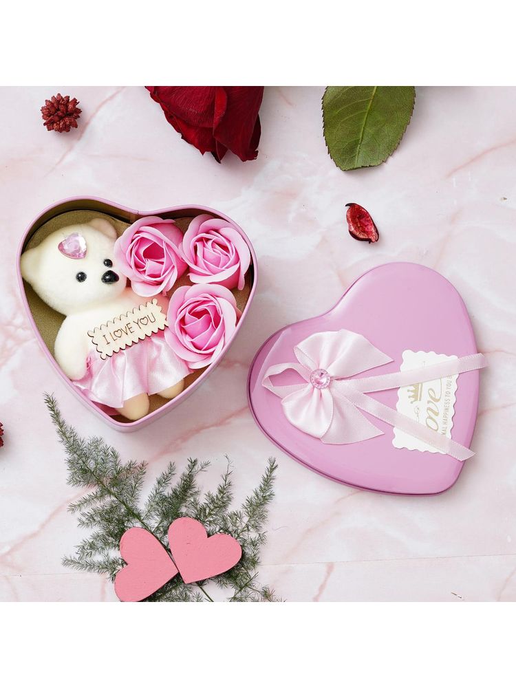 eCraftIndia Pink Heart Shaped Gift Box with Pink Roses, Teddy Bear and a Card-picture-16