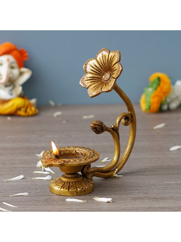 eCraftIndia Golden Decorative Brass Diya with Flower Handle-picture-23