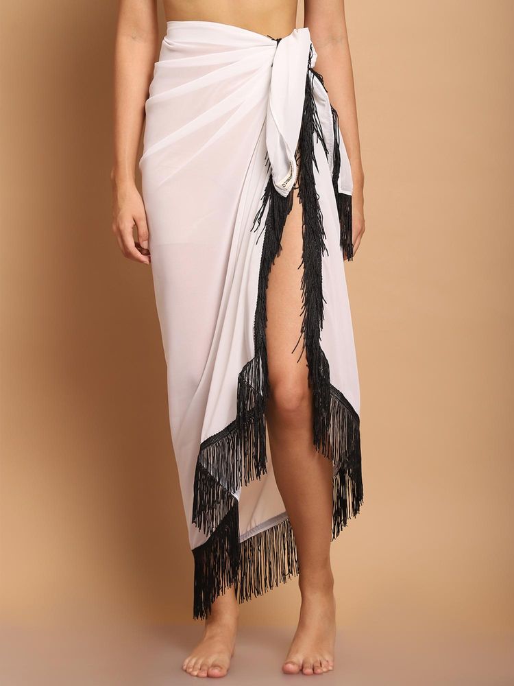Blissence White Sarong With Black Fringes At The Edge-picture-13