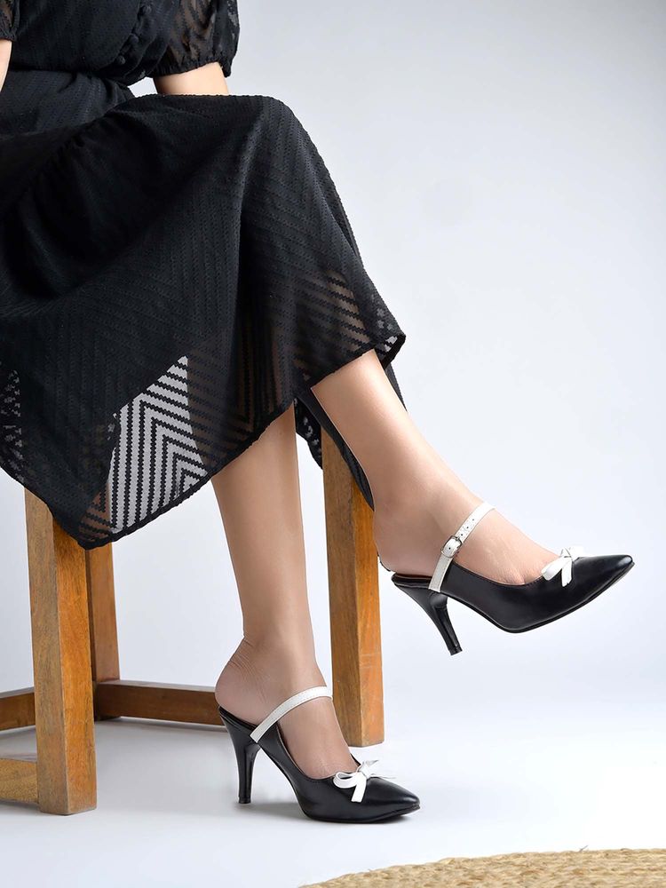 Shoetopia Women Black and White Slingback Bow Detail Kitten Heels-picture-14