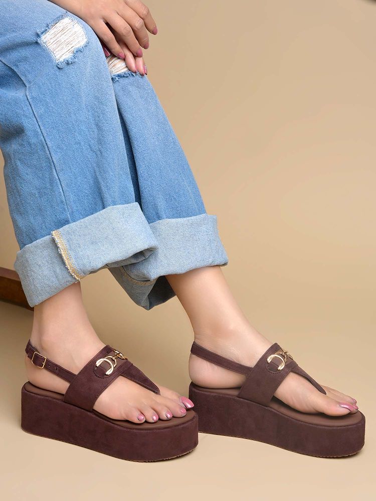Shoetopia Women Brown Suede Finish Platform Sandals-picture-26
