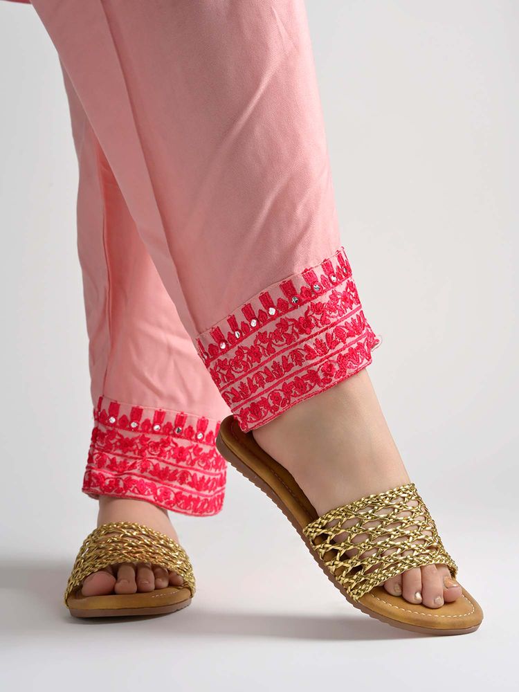 Shoetopia Women Gold-Toned Metallic Braided Strap Flats-image-27