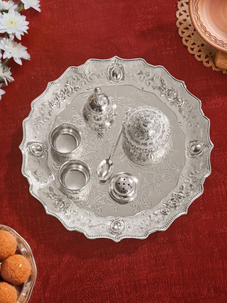 Trovea's Anantya Peach Enamel German Silver Pooja Thali Set-image-26