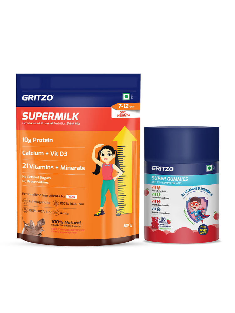 Gritzo SuperMilk Height+, 7-12y Girls with Super Gummies (Double Chocolate,800g & Strawberry,30 Nos)-image-5