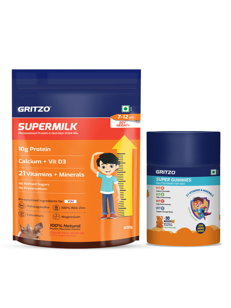 Gritzo SuperMilk Height+ (7-12y Boys) (Double Chocolate, 800g) & Super Gummies (Orange, 30 Nos)-image-15