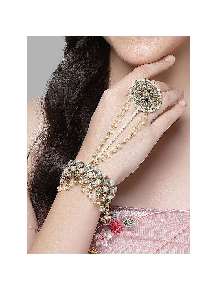 Karatcart Gold Plated Floral Design Pearl and Kundan Ring Hathphool for Women-picture-37