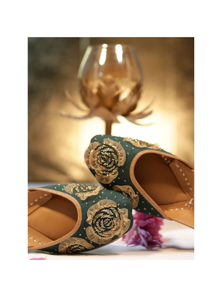 GLAM STORY Zoya Teal Embellished Net Gold Designer Punjabi Juttis For Women