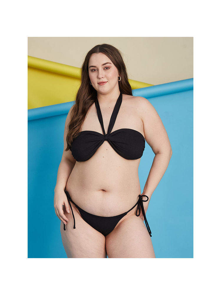 Secrets By ZeroKaata Black Plus Size Ribbed Halter Beachwear Swim Bikini (Set of 2)-picture-13