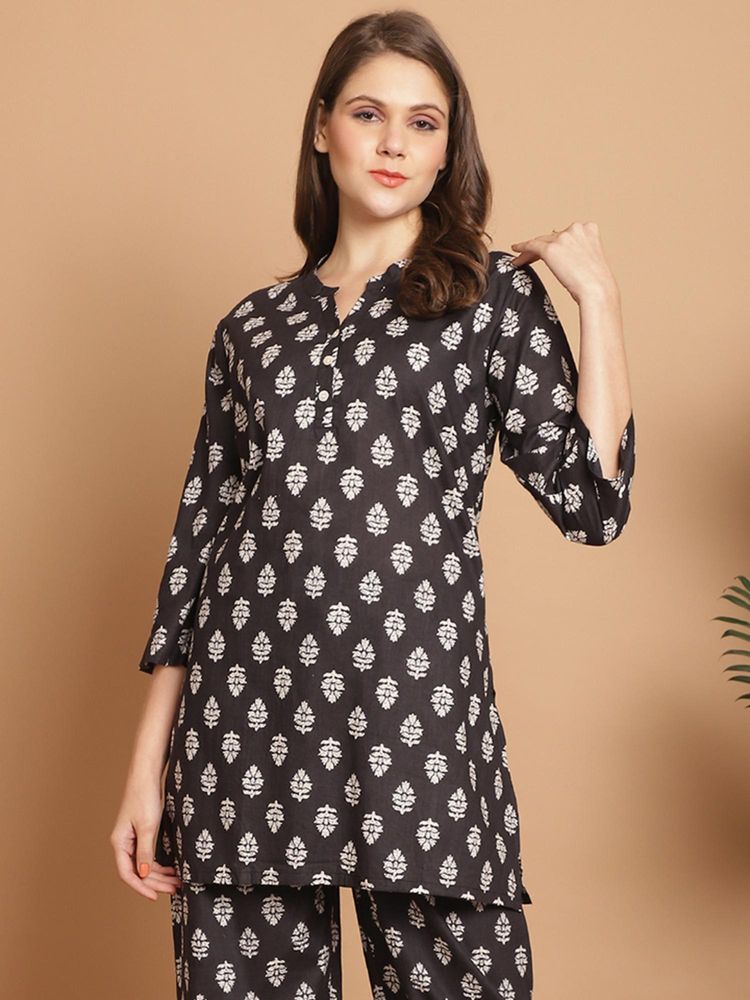 Indreams Summer Cotton Woven Floral Kurti Black-image-2