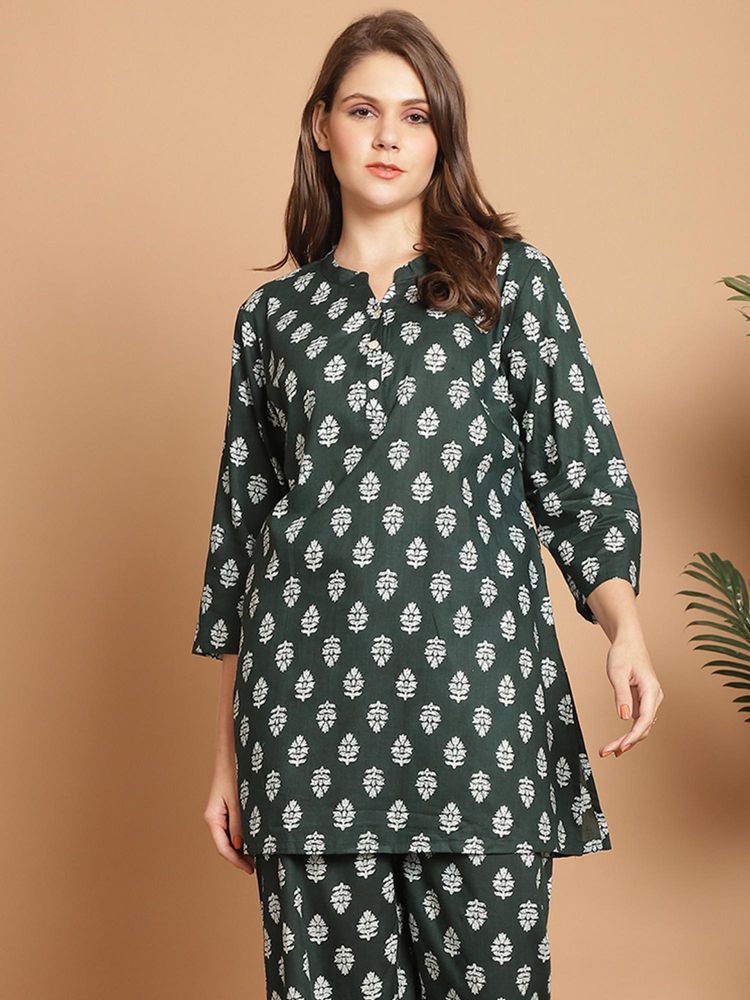 Indreams Summer Cotton Woven Floral Kurti Green-image-32